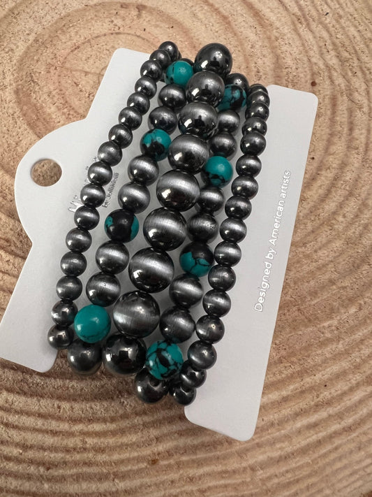 5 for 1 Set of Faux Sterling Pearls Stretch Bracelet with Faux Turquoise Multi Color Stone