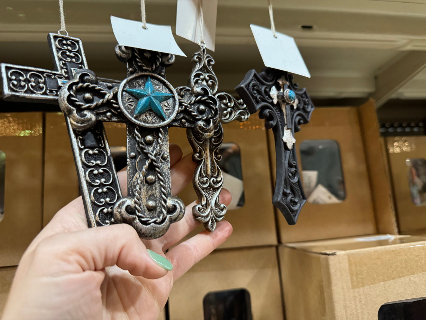 Set of 4 Black & Turquoise Cross Ornaments RA7127