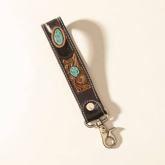 Myra Bag - Myra Tallin Bloom Handtooled Leather Keyfob in Saddle Sky