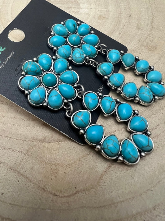 Faux Turquoise Cluster Post Earrings - 2 1/4 inch Statement Size