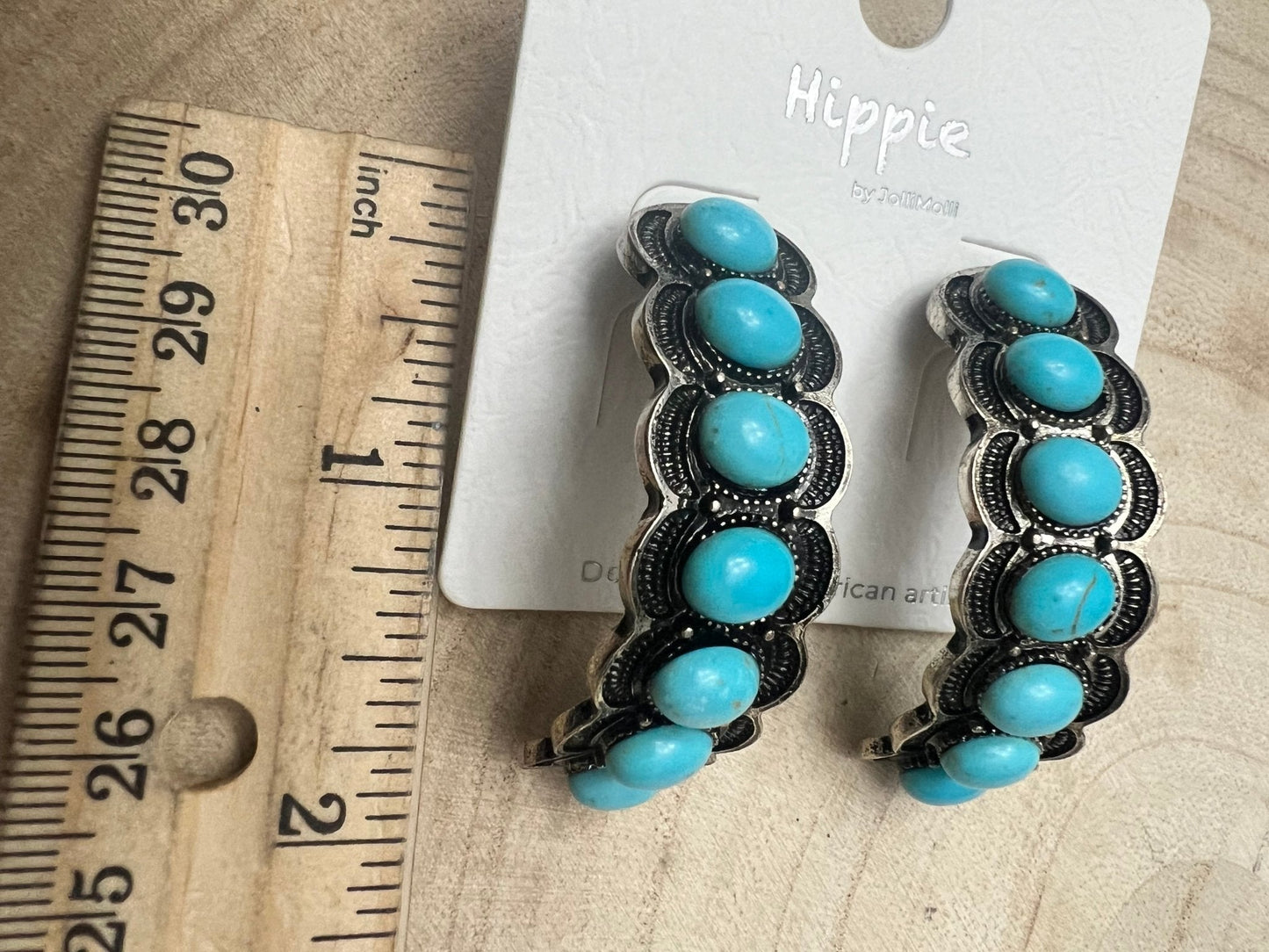 Large Western Faux Turquoise Hoop Earrings - 2 inch hoop