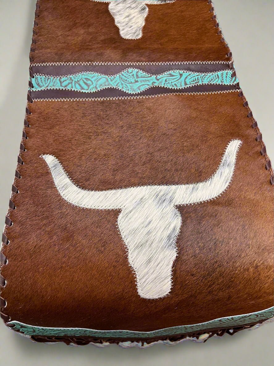 Longhorn Table Runner with Turquoise colored Embossed Leather and Fringes