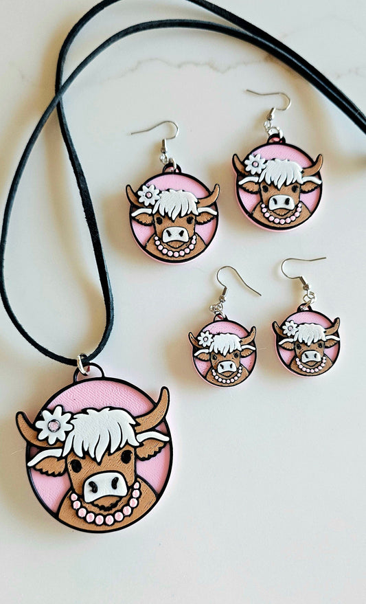 3D Print Cowgirl Highland Cow Picture Necklace or Earrings Western Made in America
