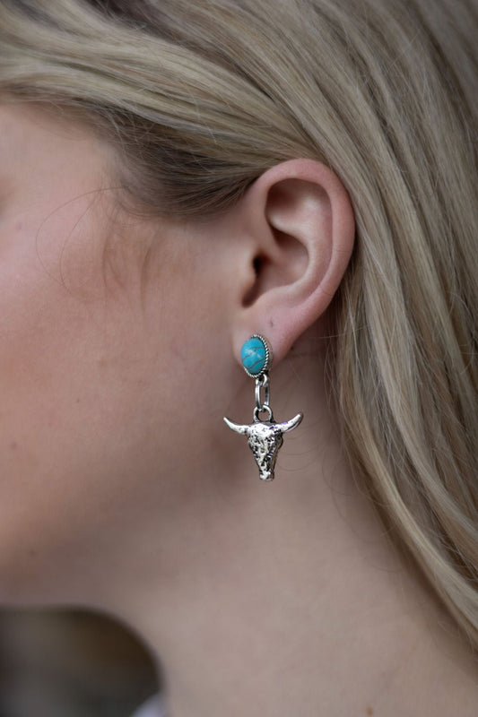 Western Bull Skull Dangle Earrings with Faux Turquoise - 1 1/2 inch drop