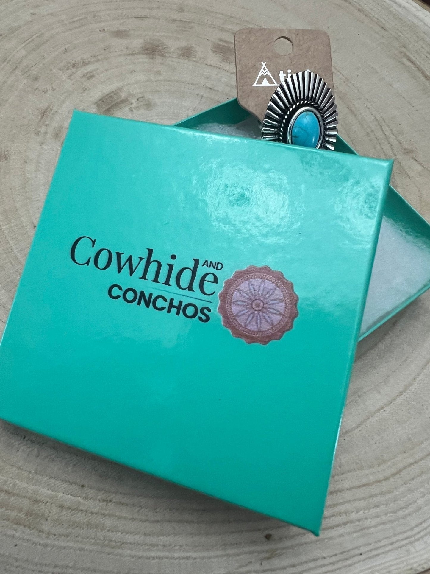Western Concho and Faux Turquoise Adjustable Ring - Statement Size