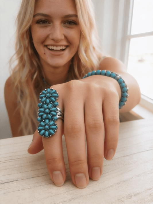 Western Desert Bloom: Faux Turquoise Adjustable Cluster Statement Ring