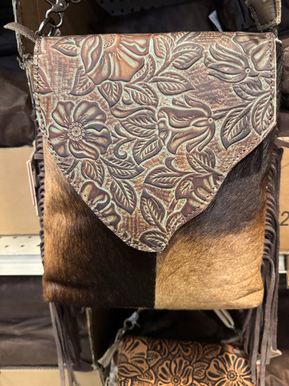 Cowhide Tooled Flap Crossbody Purse