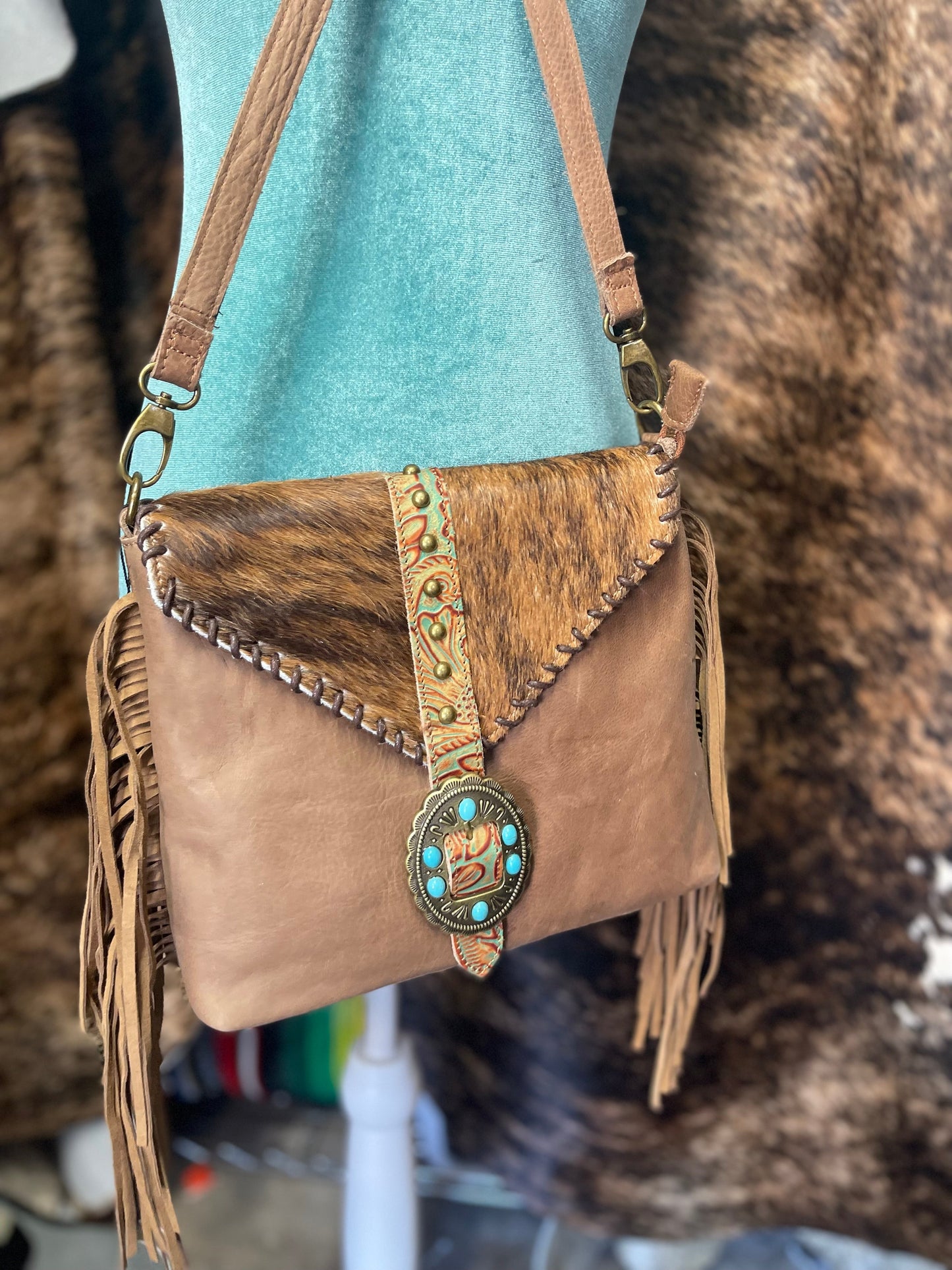 Turquoise Stone Cowhide Tooled Crossbody Purse
