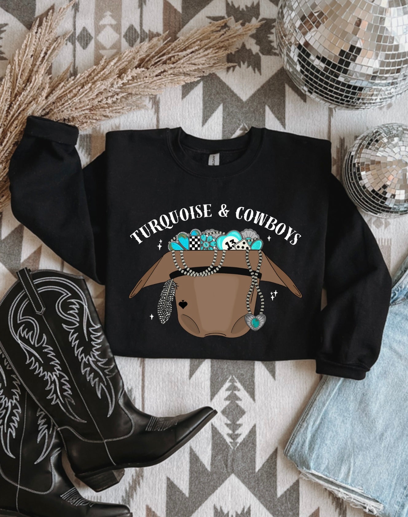 Turquoise & Cowboys Crewneck
