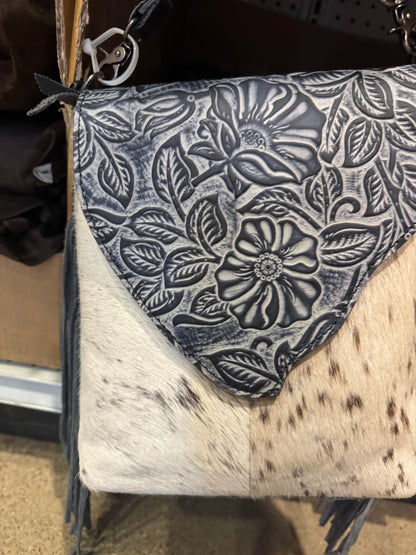 Cowhide Tooled Flap Crossbody Purse