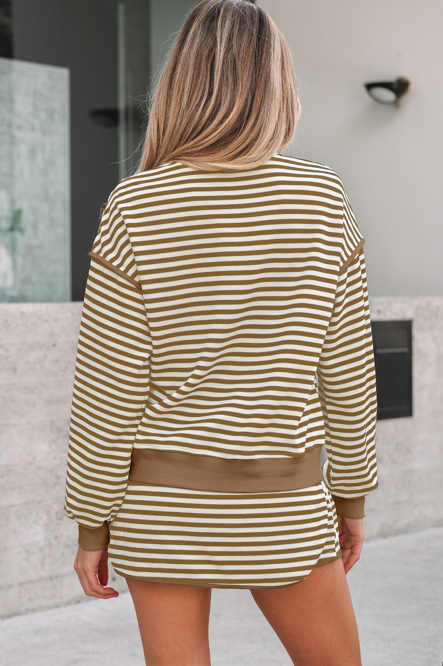 Black Stripe Textured Drop Shoulder Pullover Top Drawstring Mini Skirt Two Piece Dress Set