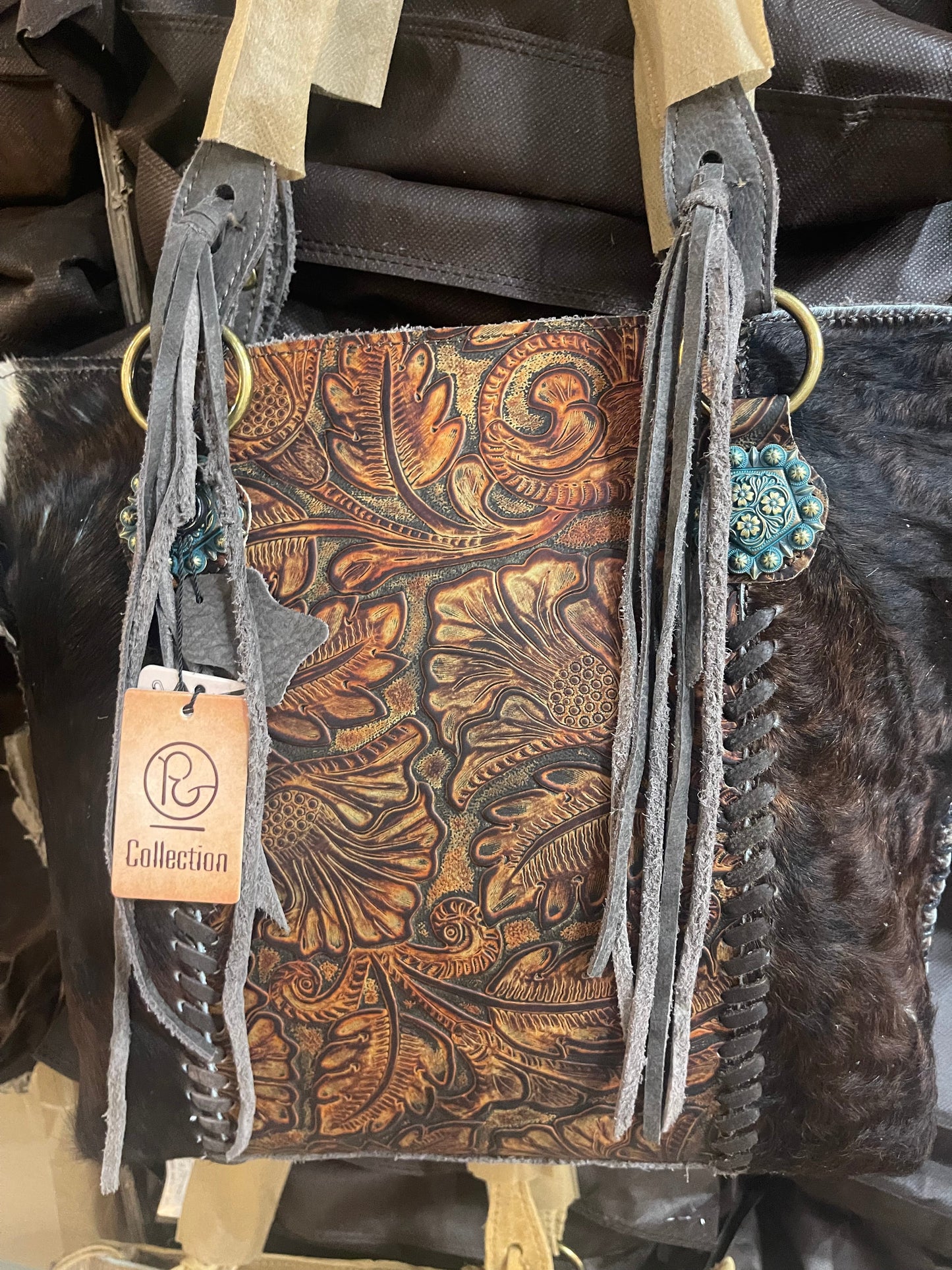 Tooled Floral Cowhide Shoudler Bag Purse