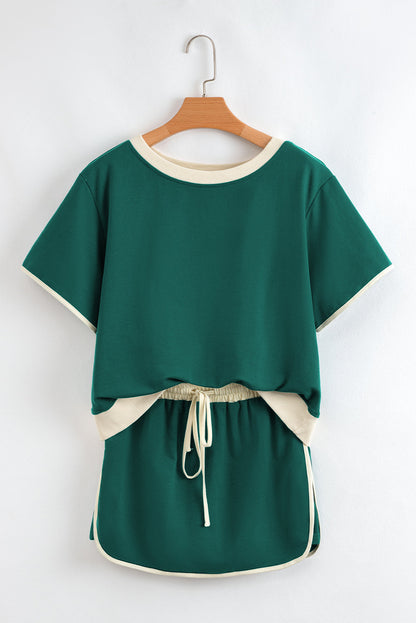 Black Colorblock Edge Drop Shoulder T Shirt and Skort 2Pcs Set