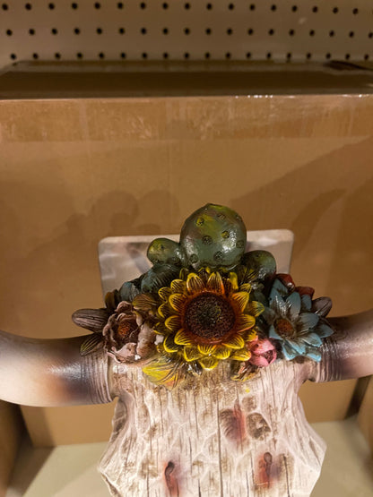 Sunflower Cactus Cowskull Statue