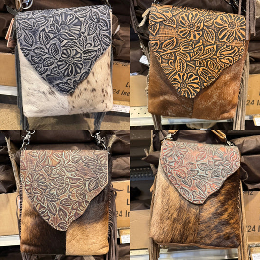 BA2825 Tooled Floral Flap Cowhide Crossbody Purse
