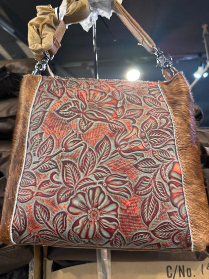BA2826 Center Floral Tooled Cowhide Handbag