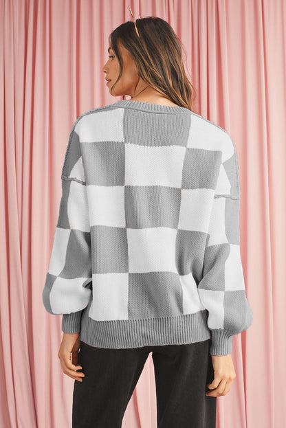 Dark Brown Plaid Bishop Sleeve Pullover Sweater