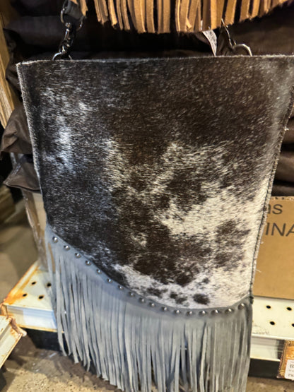 BA2143 Cowhide Fringe Studded Crossbody Purse
