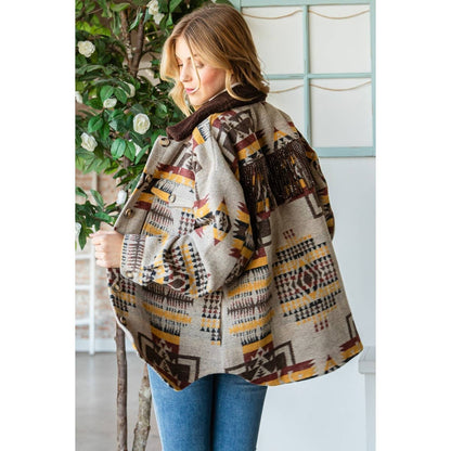 Desert PlainsVintage Pattern Thick Knit Fringe Shacket