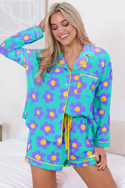 Pink Flower Print Long Sleeve Shirt Shorts Pajamas Set