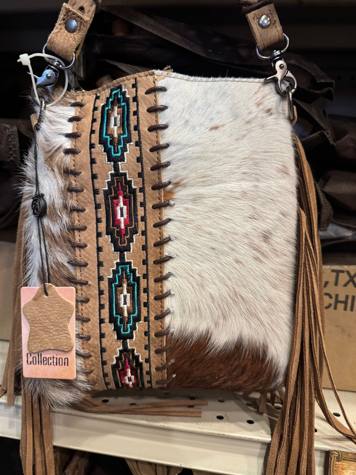 Aztec Diamond Stitched Cowhide Crossbody Purse