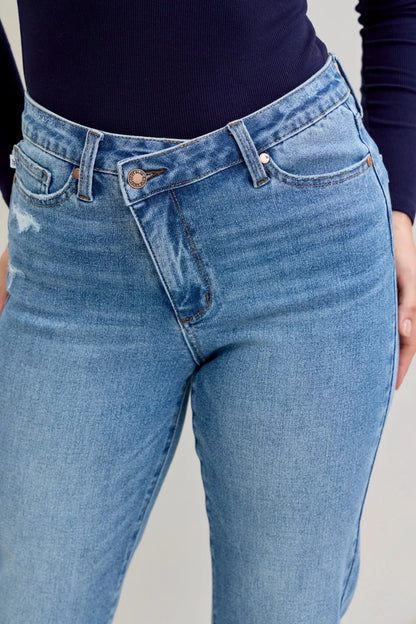 Judy Blue High Waist Bf Criss-cross Mild Destroy Jeans with Single Cuff