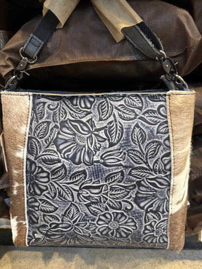 BA2826 Center Floral Tooled Cowhide Handbag
