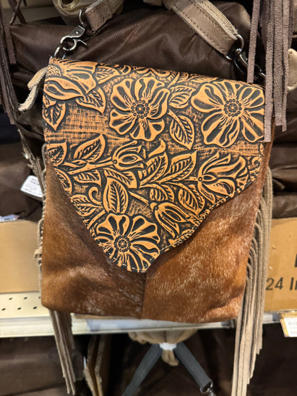 BA2825 Tooled Floral Flap Cowhide Crossbody Purse