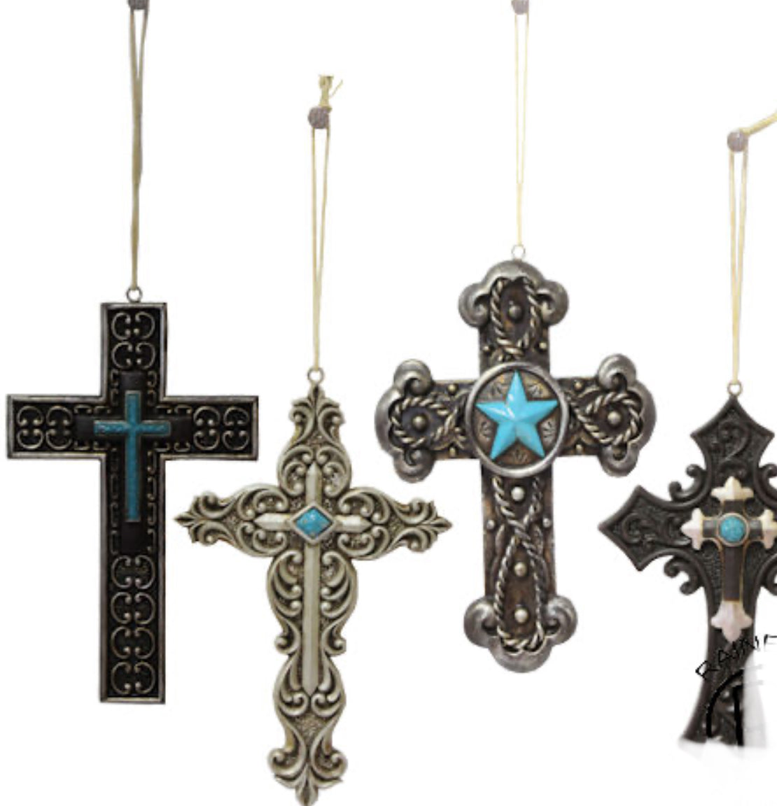 Set of 4 Black & Turquoise Cross Ornaments RA7127