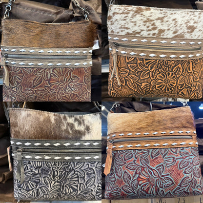 BA2827 Bottom Zipper Tooled Cowhide Purse