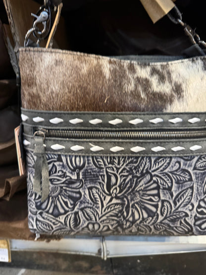 BA2827 Bottom Zipper Tooled Cowhide Purse