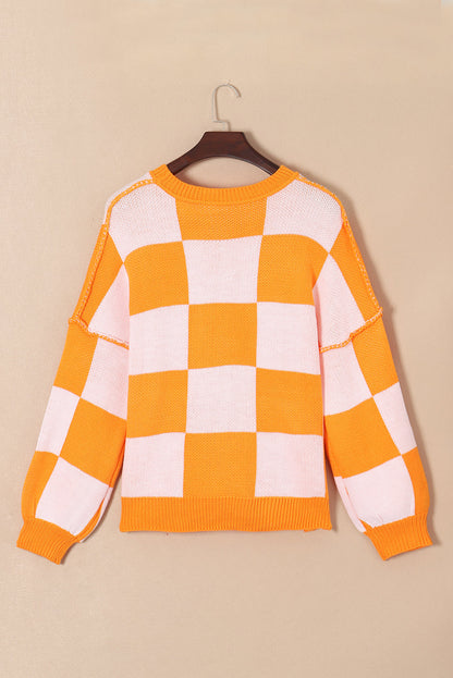 Dark Brown Plaid Bishop Sleeve Pullover Sweater