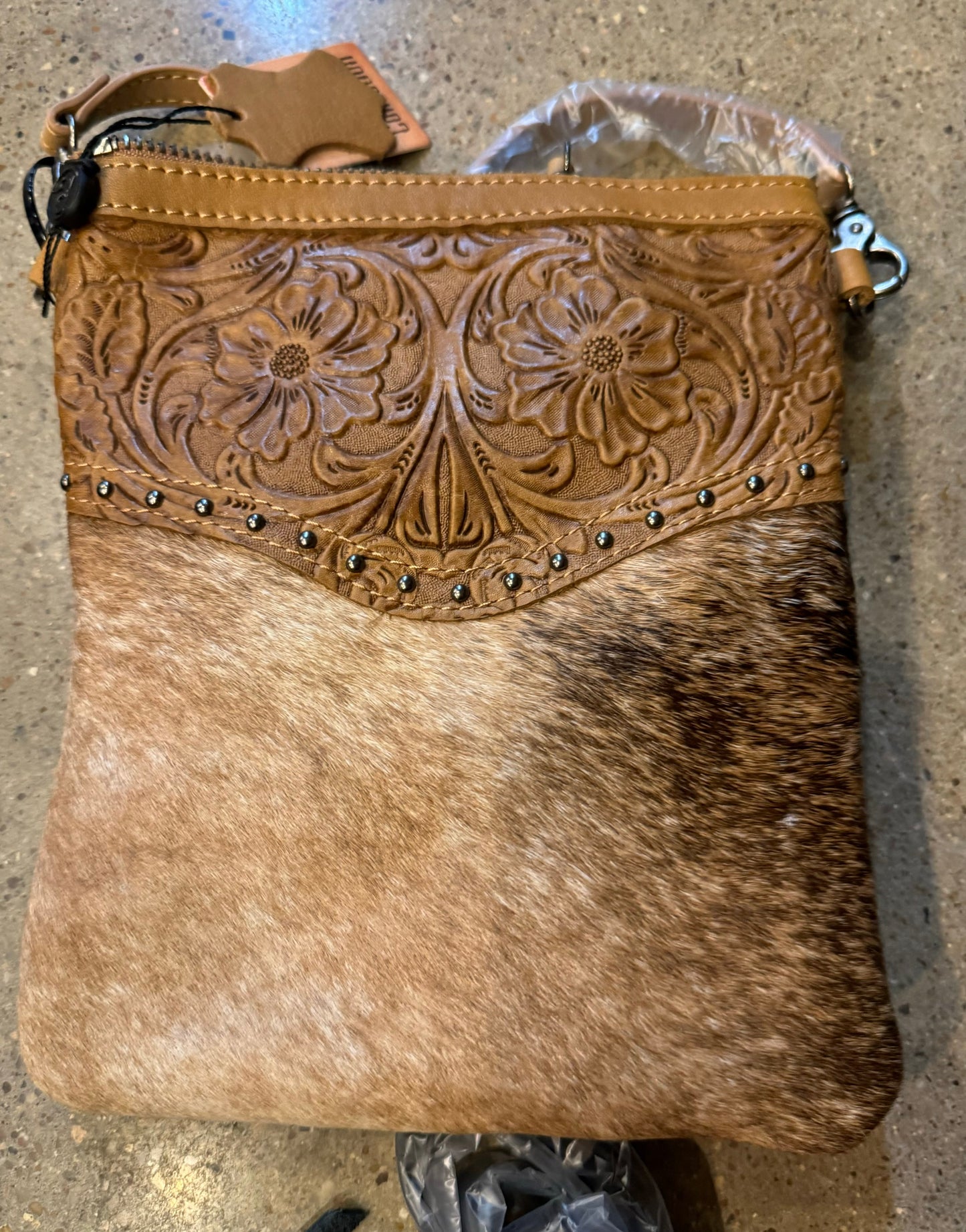 Cowhide Studded Tooled Crossbody