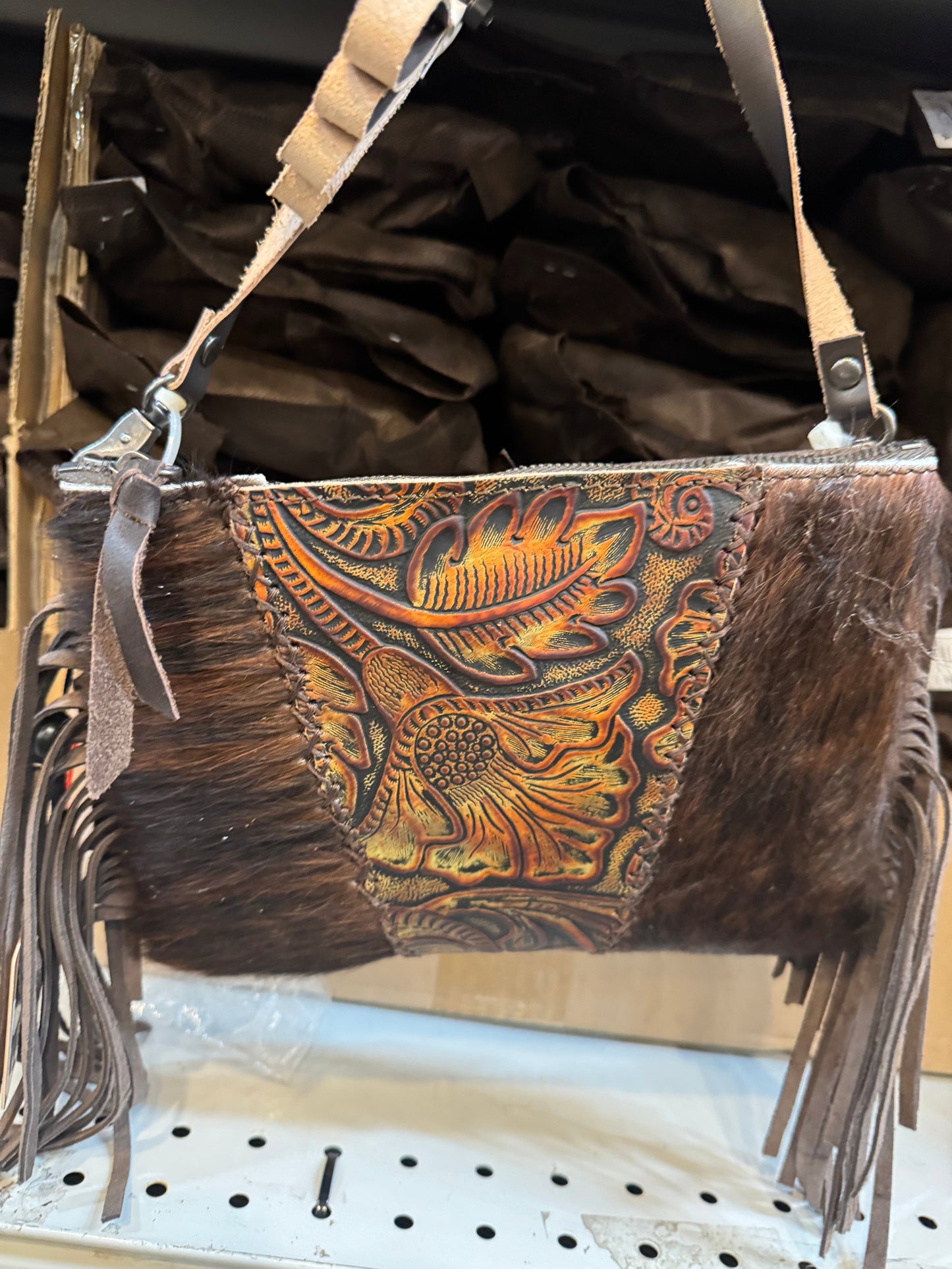 Tooled Floral Fringe Crossbody Purse