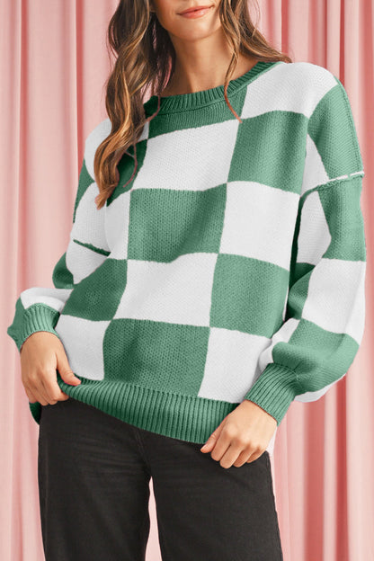 Dark Brown Plaid Bishop Sleeve Pullover Sweater