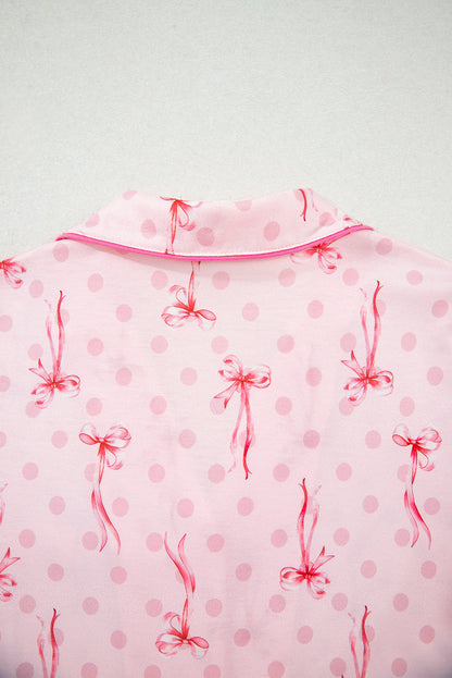 Pink Bow Print Contrast Pipping Short Pajamas Set