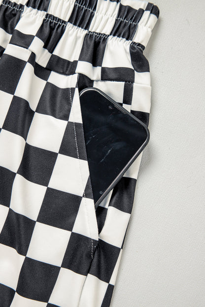 Black Checkered Print High Waist Casual Shorts