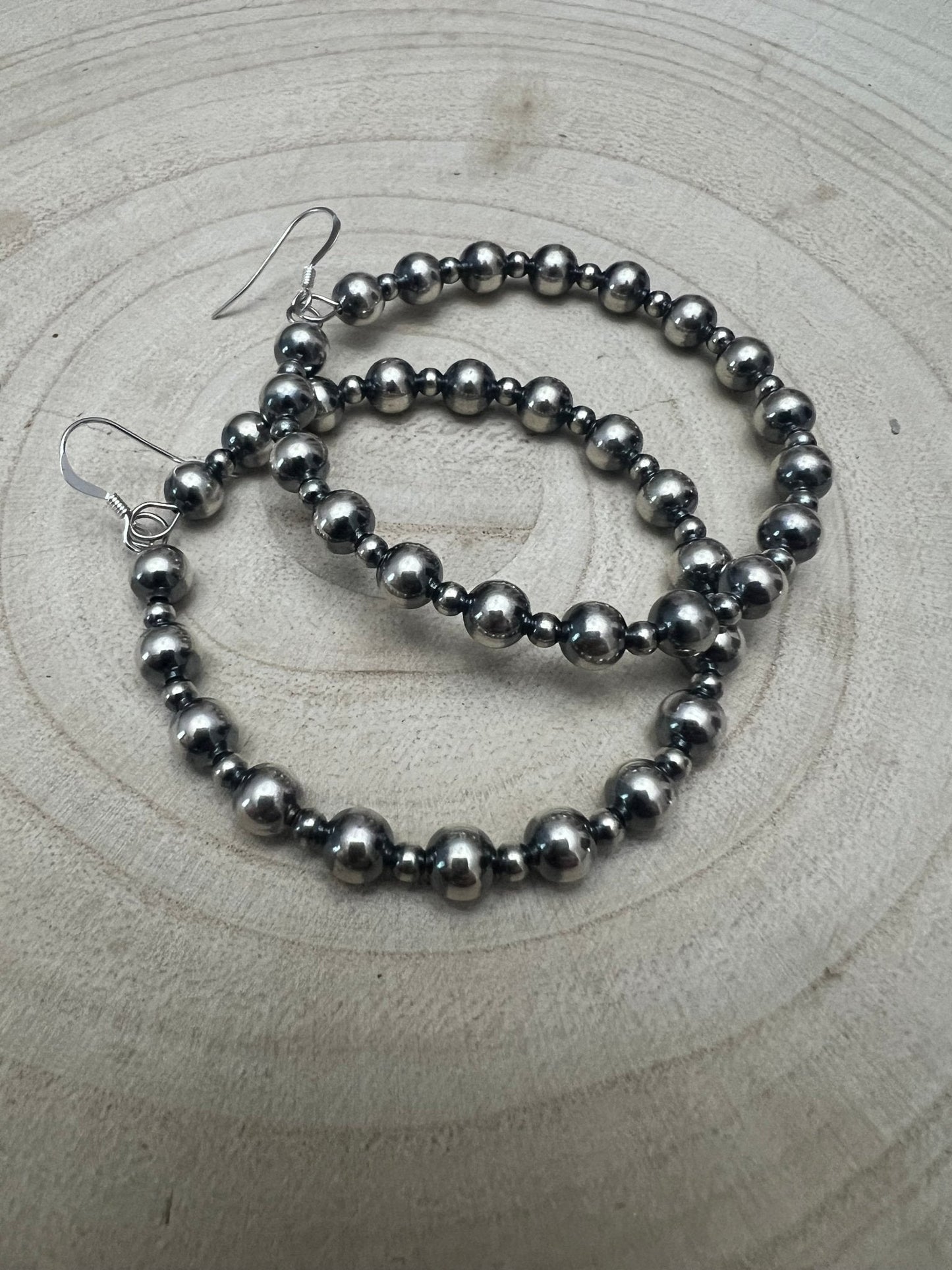 6mm and 3mm Sterling Silver Pearl Hoop Earrings - 2 inch drop