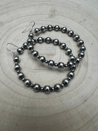 6mm and 3mm Sterling Silver Pearl Hoop Earrings - 2 inch drop