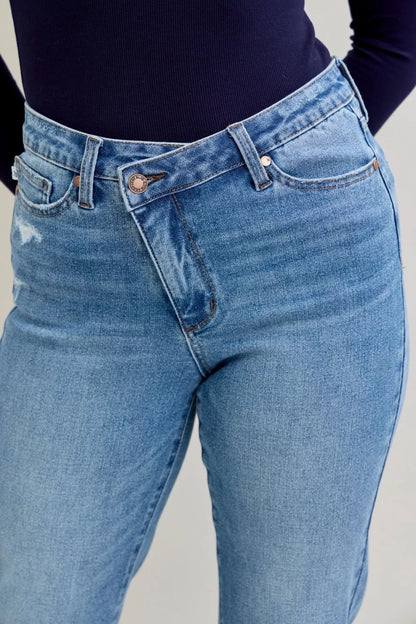 Judy Blue High Waist Bf Criss-cross Mild Destroy Jeans with Single Cuff