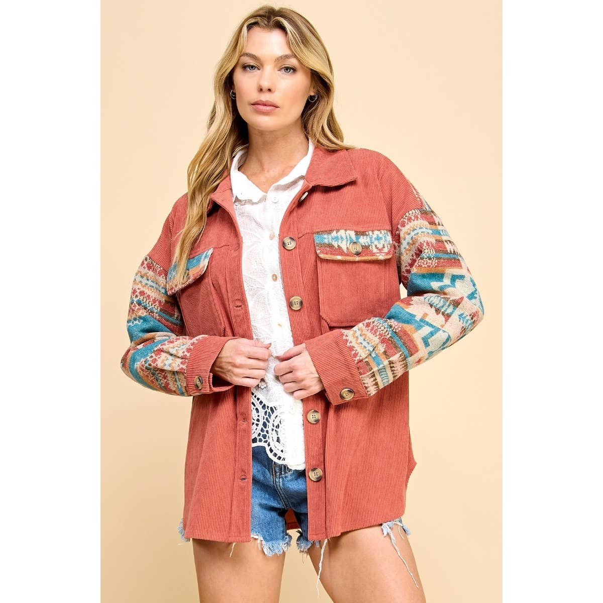 Veveret - Contrast Pattern Corduroy Shacket