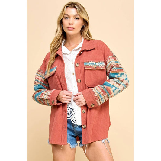 Veveret - Contrast Pattern Corduroy Shacket