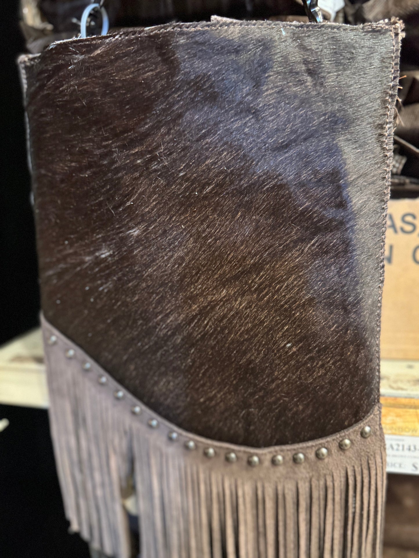 BA2143 Cowhide Fringe Studded Crossbody Purse