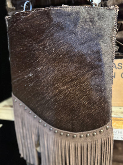 BA2143 Cowhide Fringe Studded Crossbody Purse