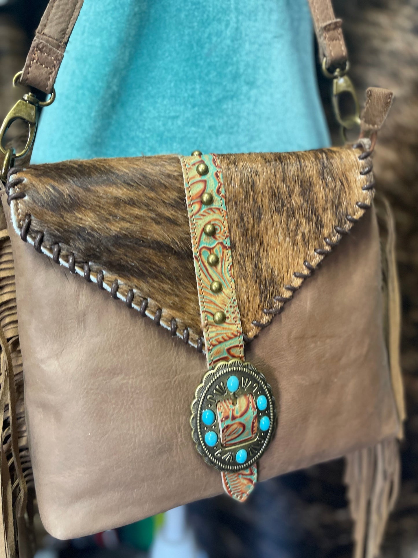 Turquoise Stone Cowhide Tooled Crossbody Purse