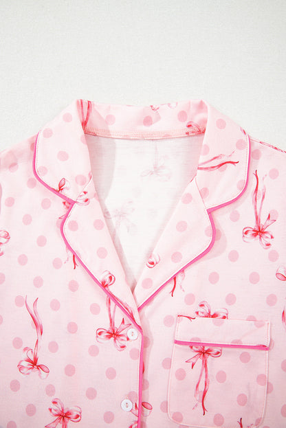 Pink Bow Print Contrast Pipping Short Pajamas Set