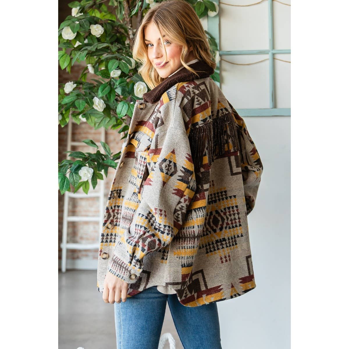 Desert PlainsVintage Pattern Thick Knit Fringe Shacket