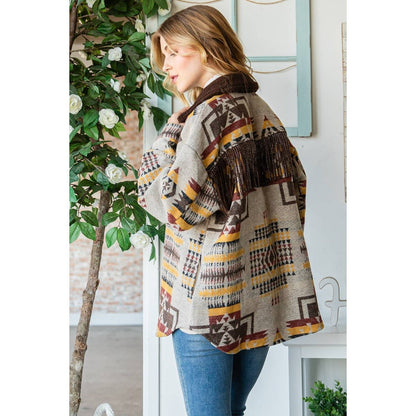 Desert PlainsVintage Pattern Thick Knit Fringe Shacket
