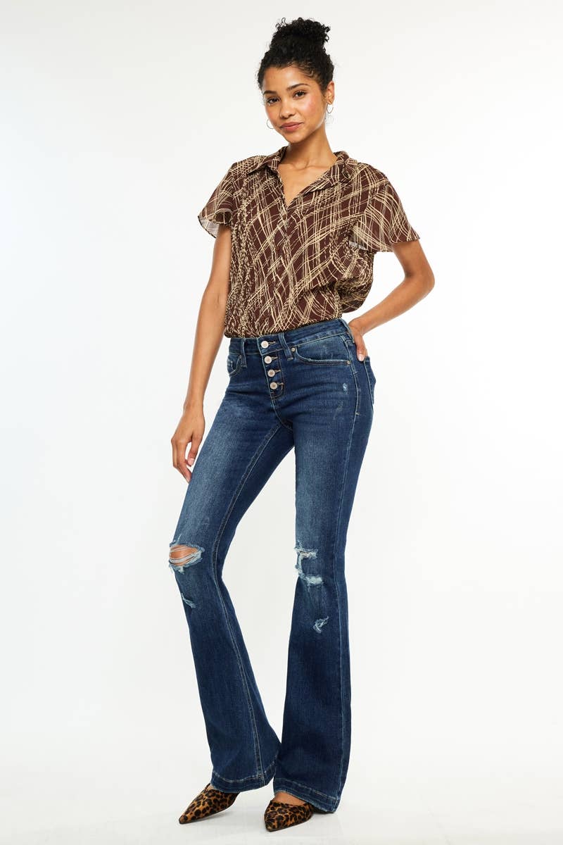 Kan Can USA - MID RISE BUTTON UP DISTRESS FLARE JEANS