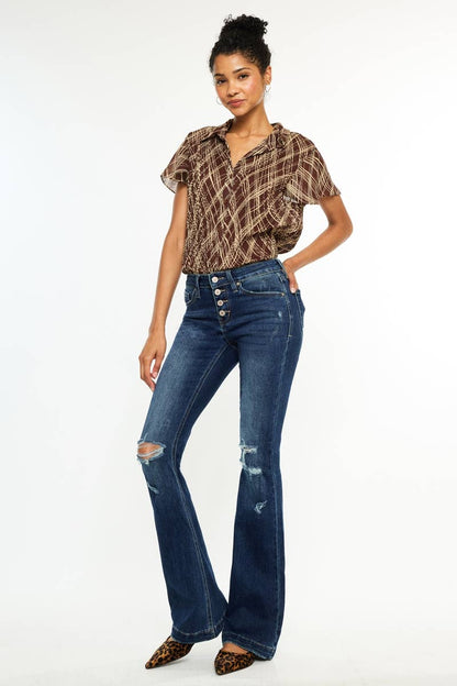 Kan Can USA - MID RISE BUTTON UP DISTRESS FLARE JEANS